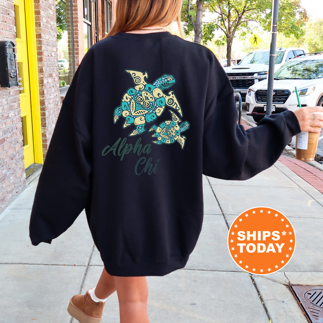 A person wearing a black sweatshirt with a graphic of a turtle and the text "Alpha Chi" printed on it, walking on a sidewalk.