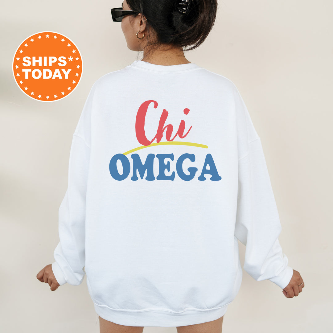 A person wearing a white sweatshirt with the text "Chi Omega" printed on it.