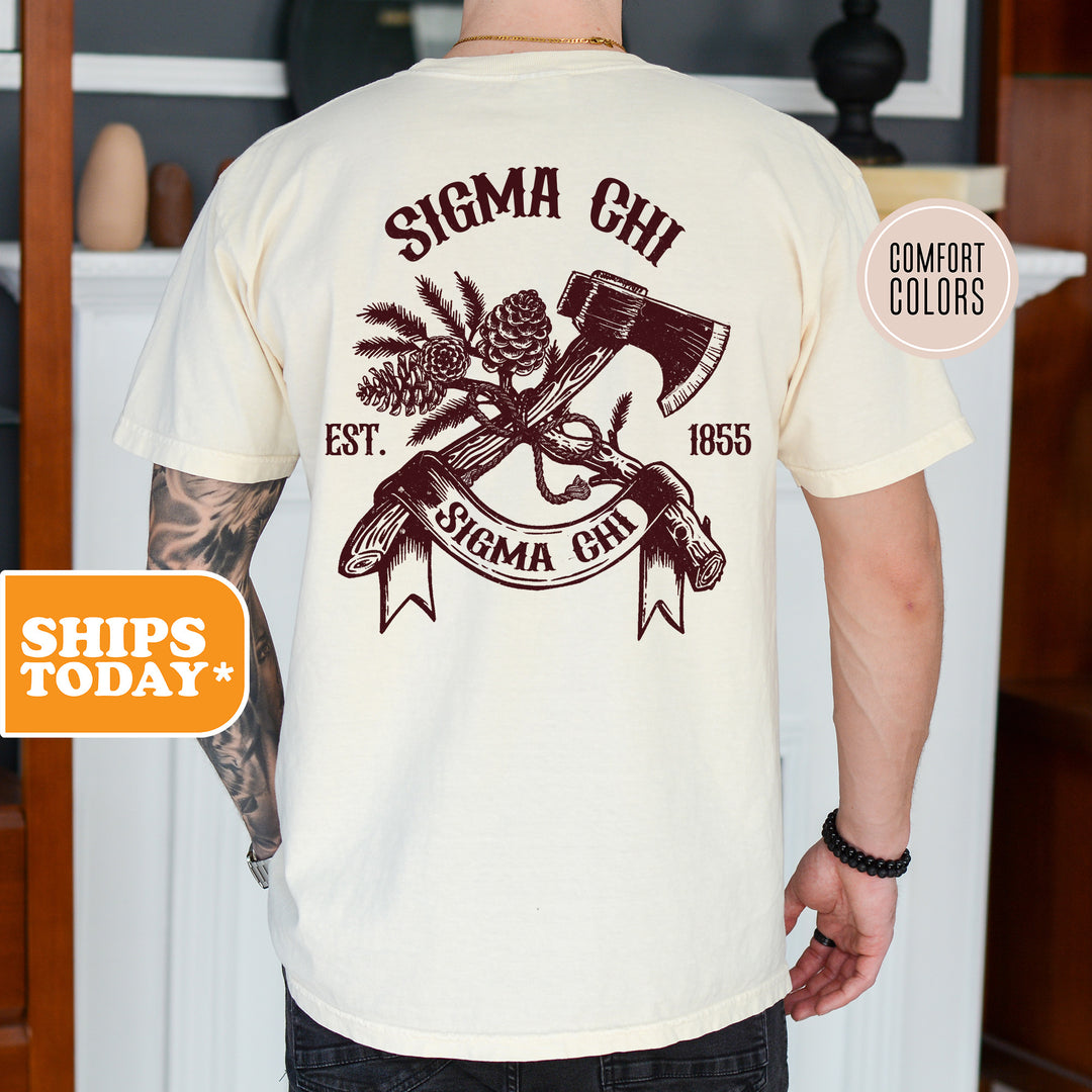 a man wearing a shirt that says stigma chi