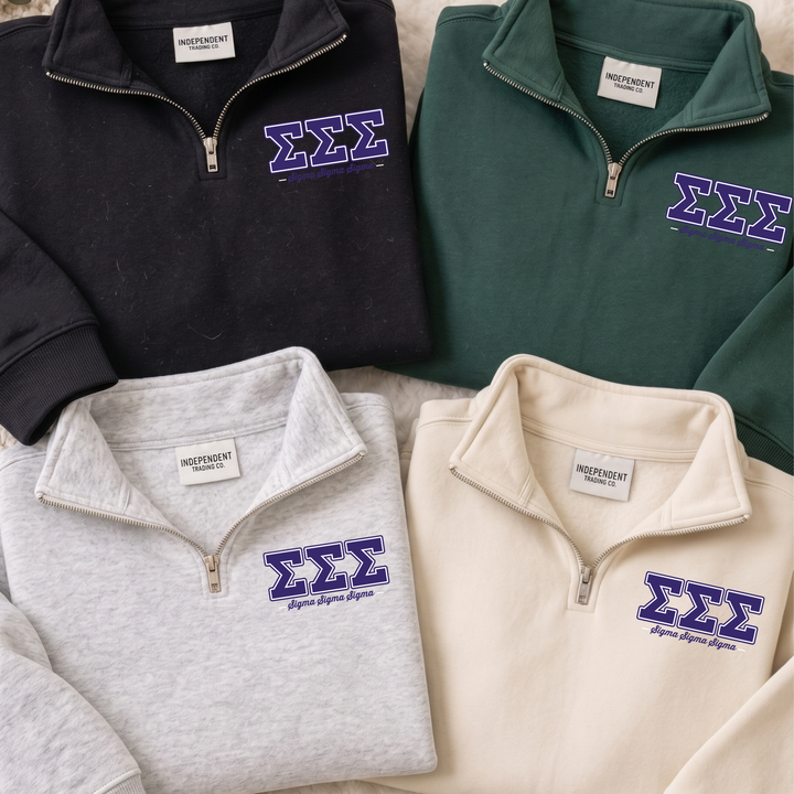 a collection of four different colored zip-up sweatshirts, each with a Greek letter sigma (Σ) printed on the front.