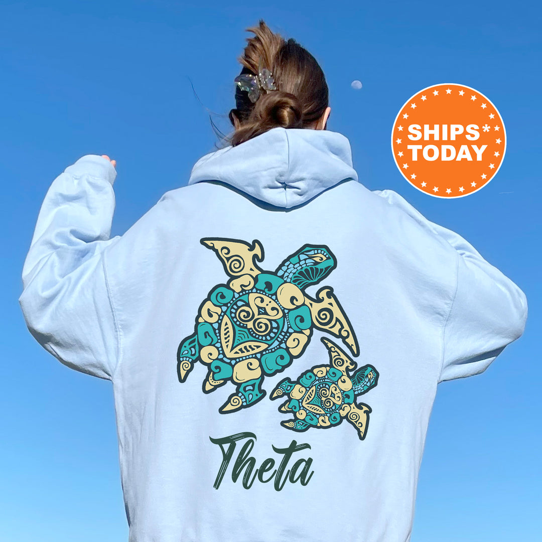 A person wearing a light blue hoodie with a colorful turtle design and the word "Theta" printed on it, standing against a clear blue sky.