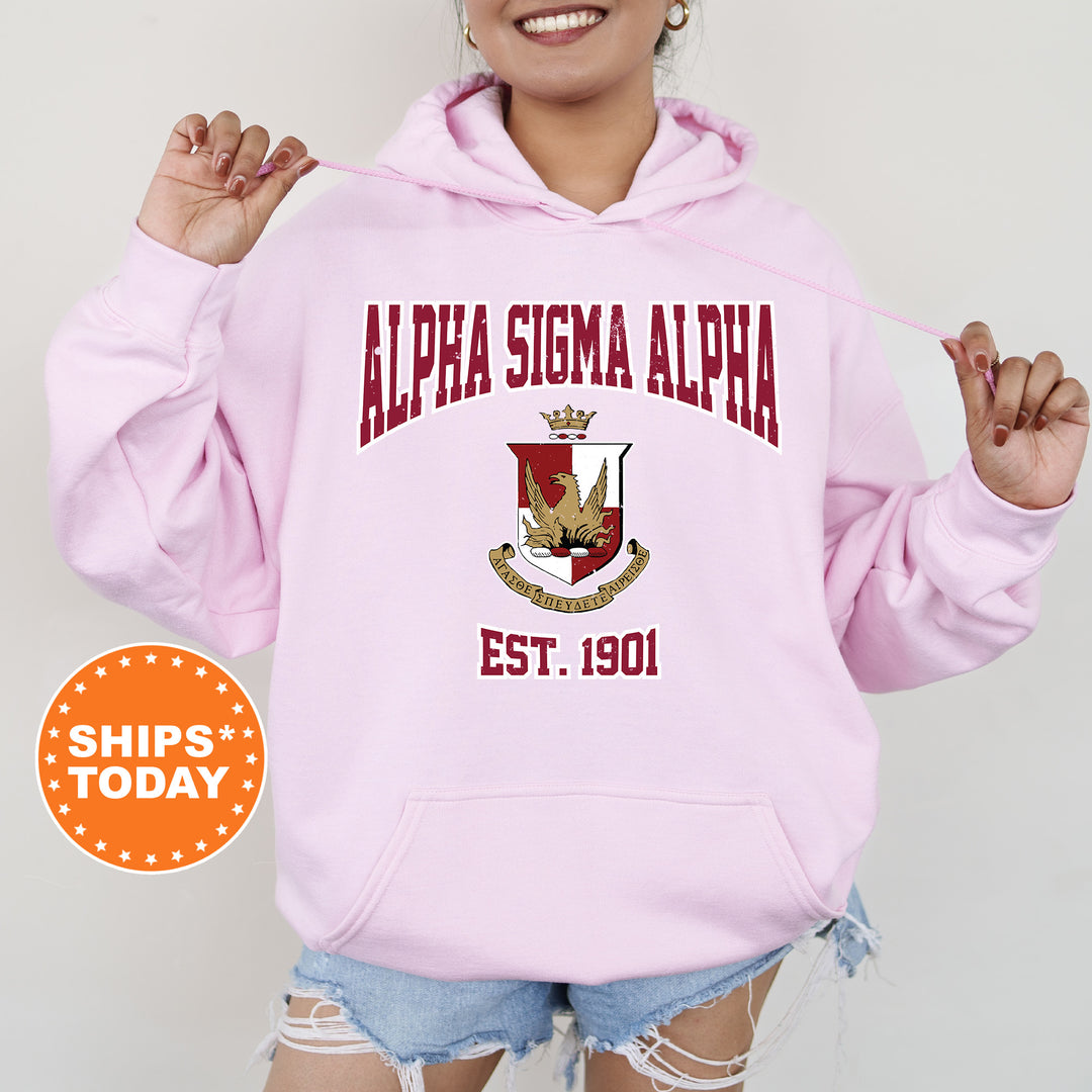 a woman wearing a pink hoodie with the words alpena stigma alpha