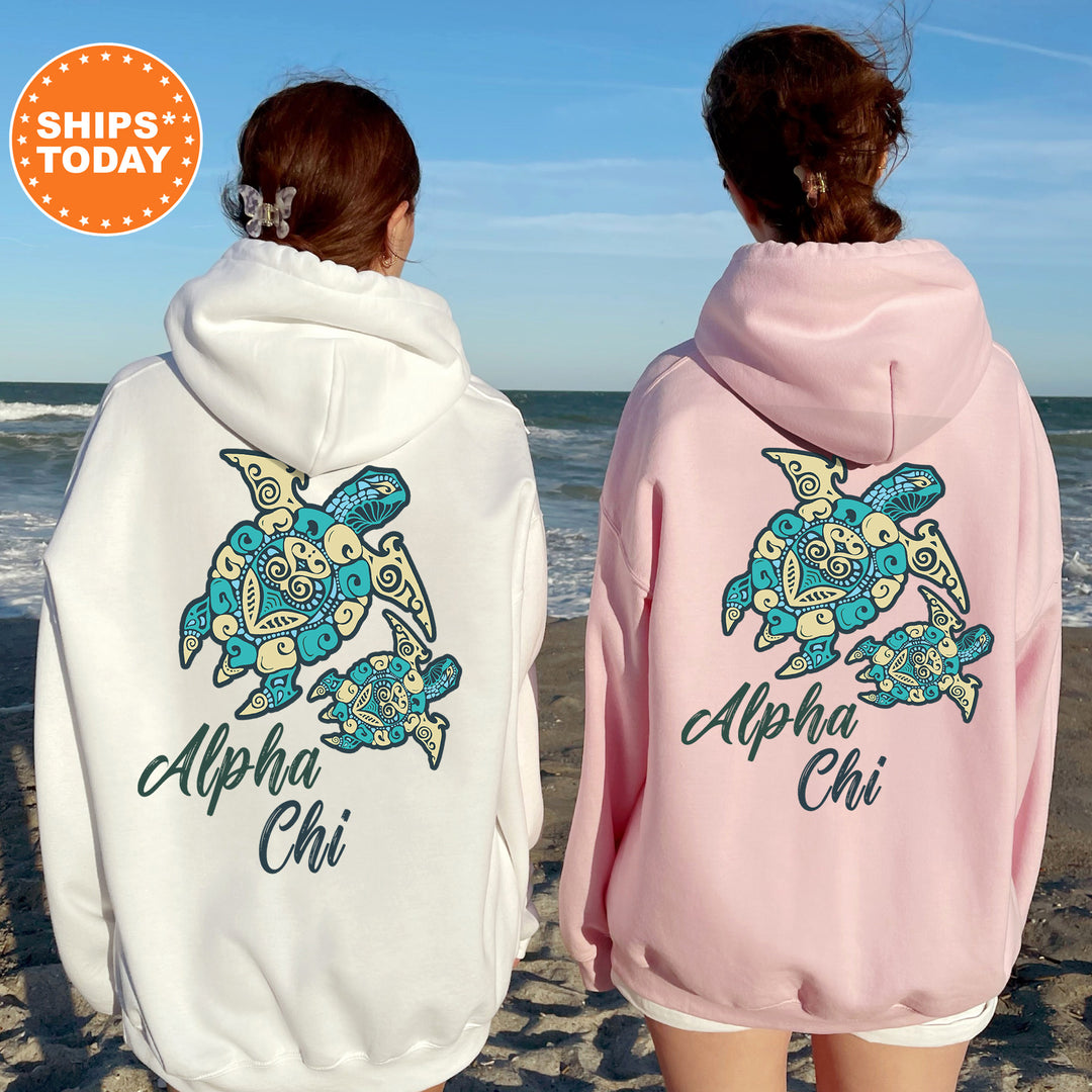 Two women wearing matching hoodies with a turtle design and text on the back, standing on a beach with the ocean in the background.