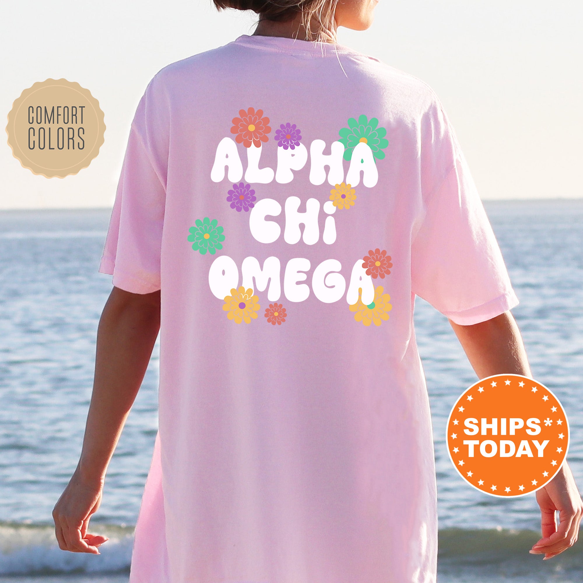 a woman wearing a pink shirt that says aloh chi amega