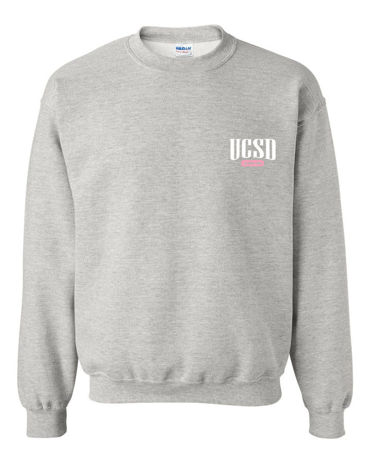 a grey sweatshirt with a white and pink logo