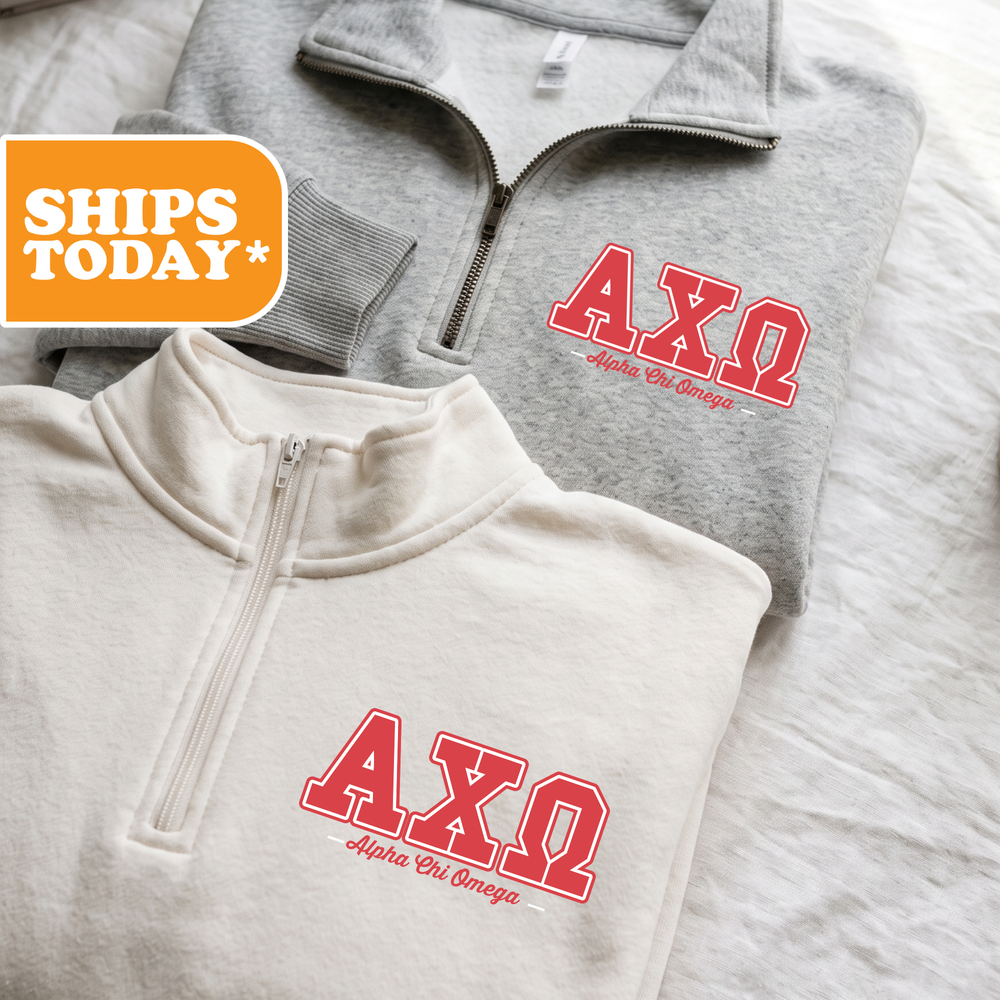 Two gray and white sweatshirts with the letters 'AXQ' printed on them, along with the text "Alpha Omega Theta Delta" printed below.