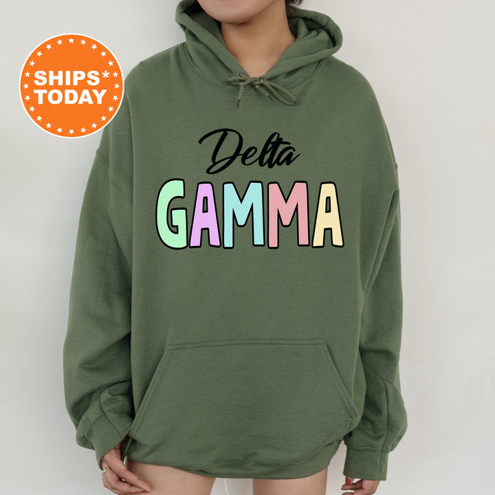 a woman wearing a green delta garma hoodie