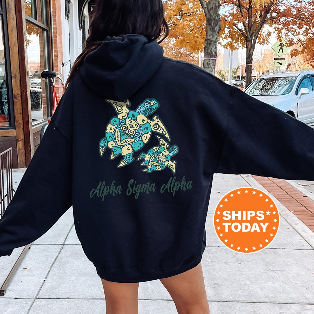 A person wearing a black hoodie with a graphic of a turtle and the text "Alpha Sigma Alpha" printed on it, standing on a sidewalk.