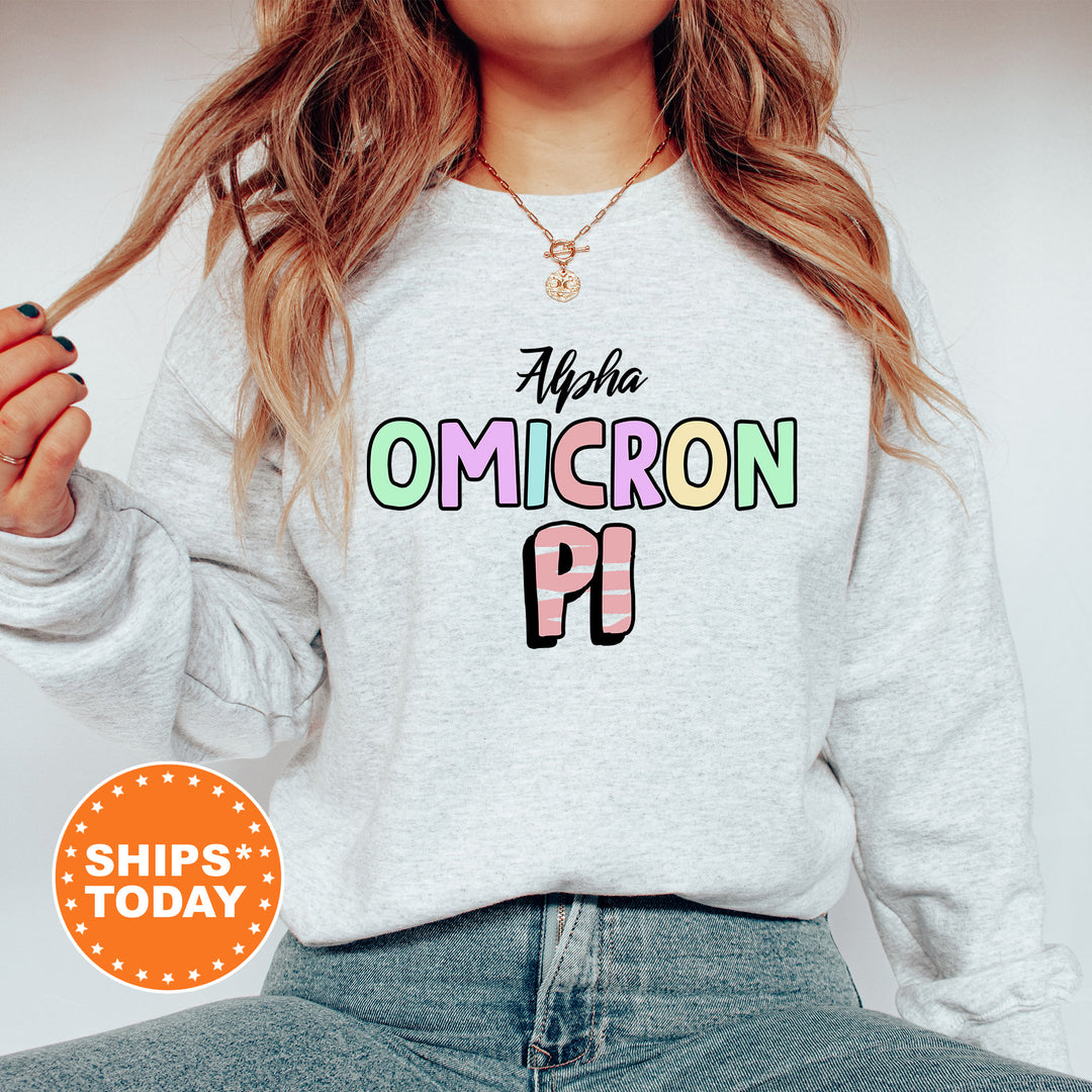 a woman wearing a sweatshirt with the word omgron pi on it