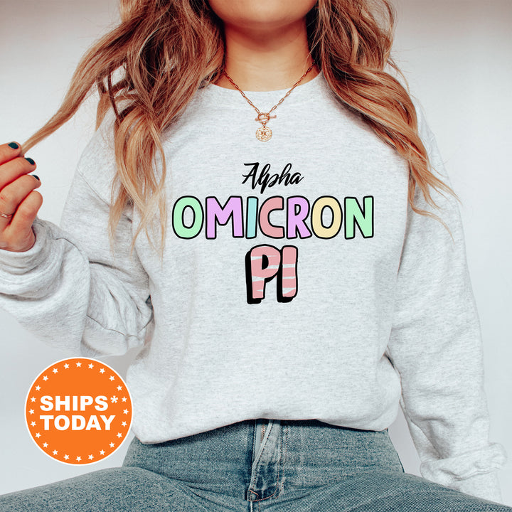 a woman wearing a sweatshirt with the word omgron pi on it