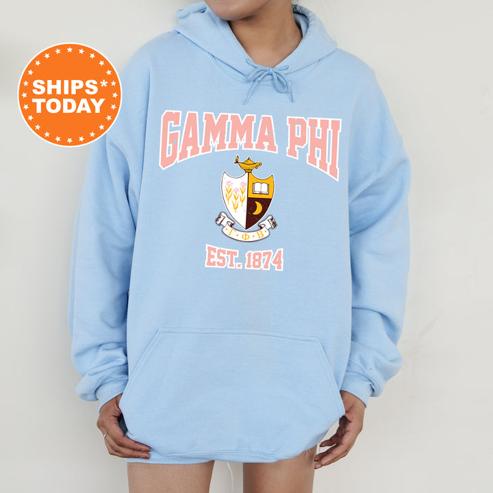a person wearing a light blue hoodie with the words gama phi est 1974