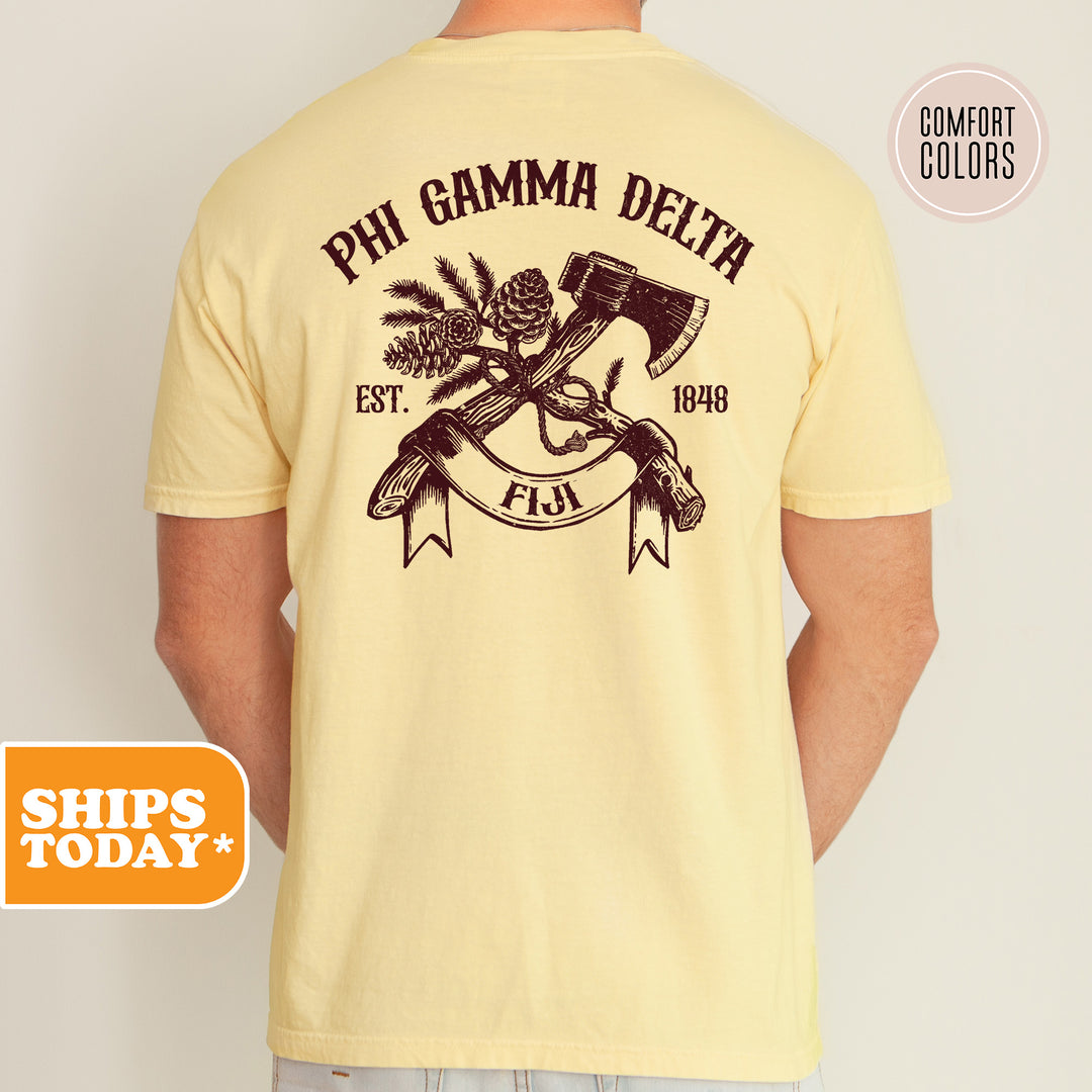 a man wearing a phi gama delta t - shirt