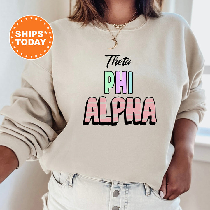 a woman wearing a sweatshirt that says, there's phi alpha