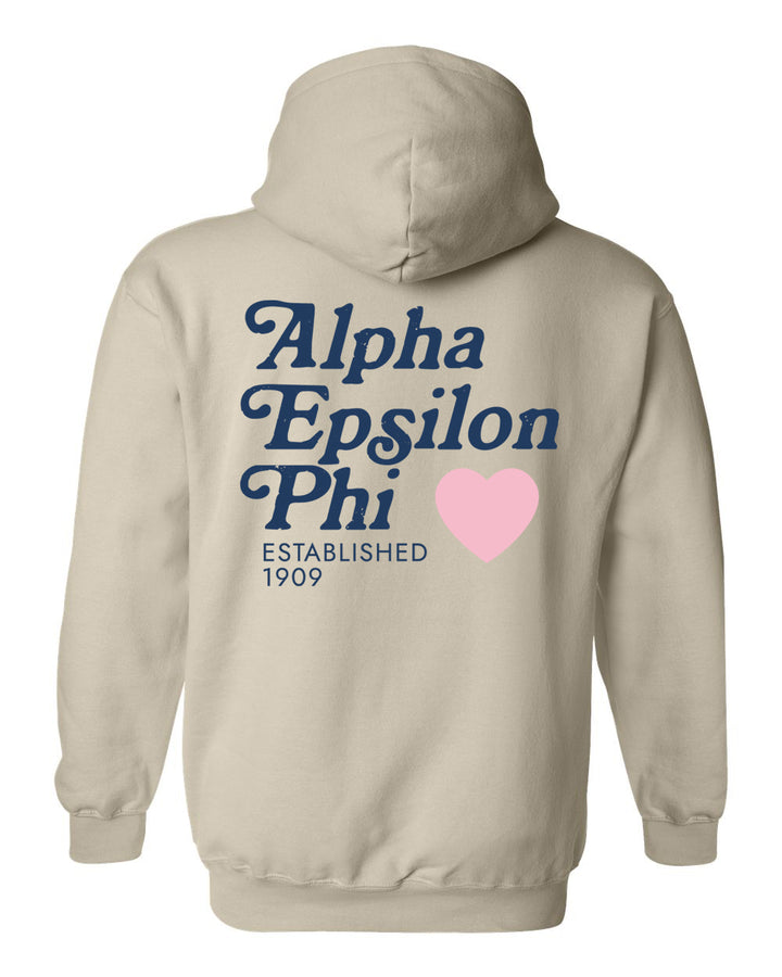 a white sweatshirt with the words, alpha epsyl phu established in blue