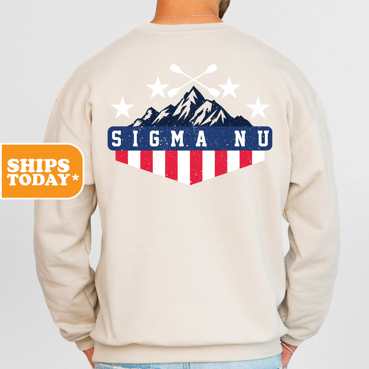 a man wearing a sweatshirt with the american flag on it