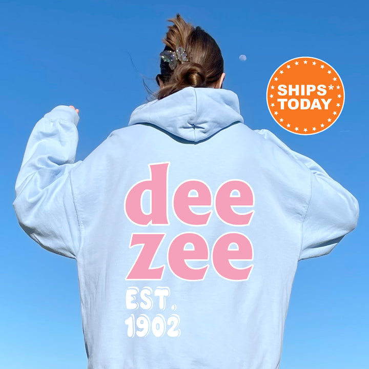 A person wearing a light blue hoodie with the text "Dee Zee" and "EST. 1902" printed on it, standing against a clear blue sky.