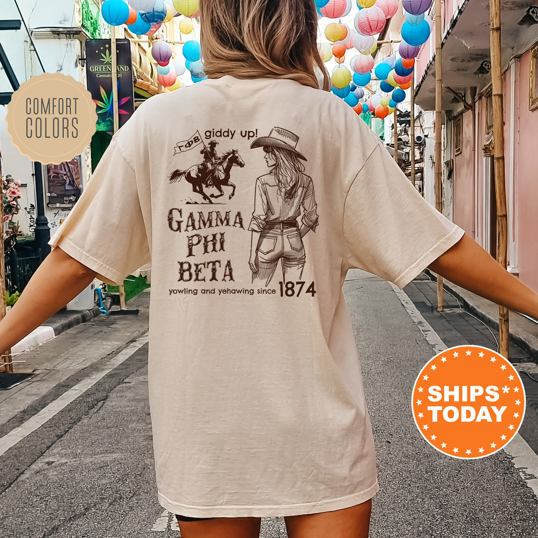 a woman is walking down the street wearing a t - shirt