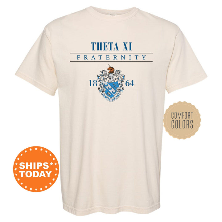 a white t - shirt with a blue and white crest on it