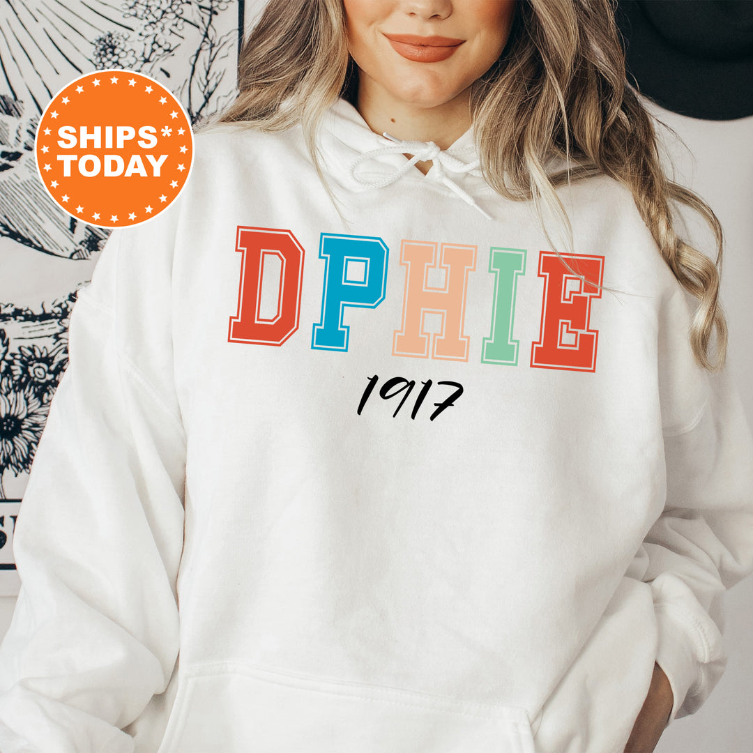 a woman wearing a white hoodie with the word dppie printed on it