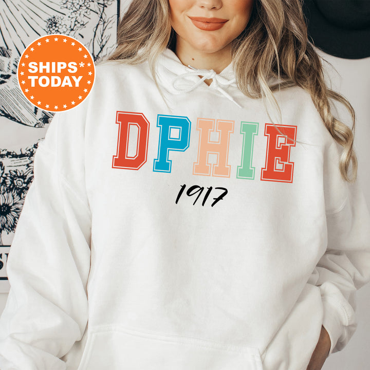 a woman wearing a white hoodie with the word dppie printed on it