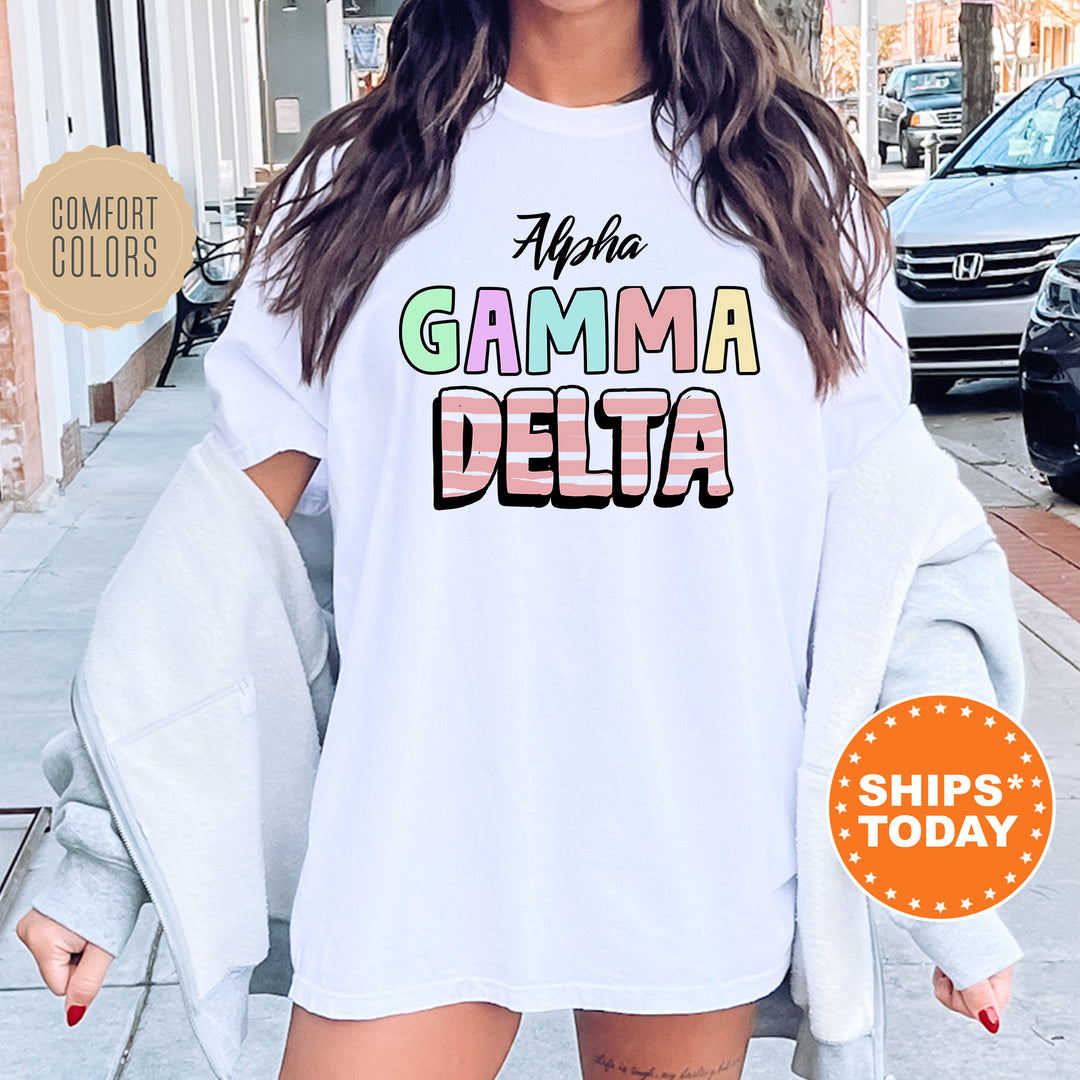a woman wearing a white shirt that says the gamma delta
