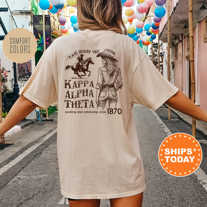 a woman walking down a street with a horse t - shirt on