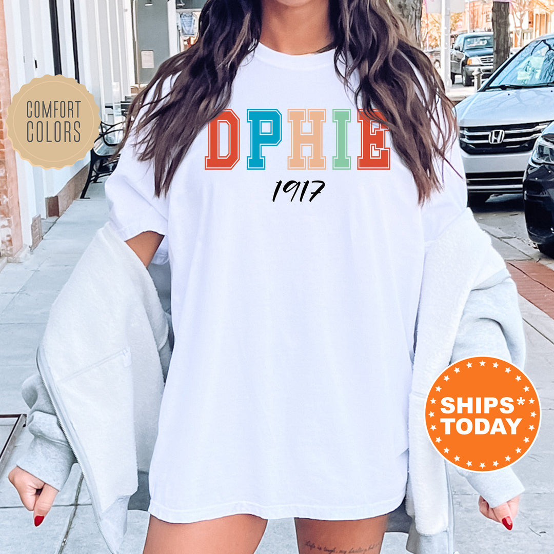 a woman wearing a white shirt with the word dophiie printed on it