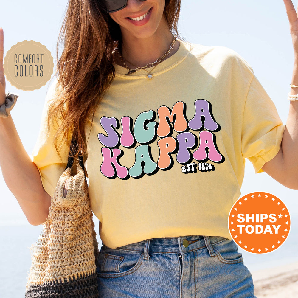 a woman in a yellow shirt holding up a peace sign