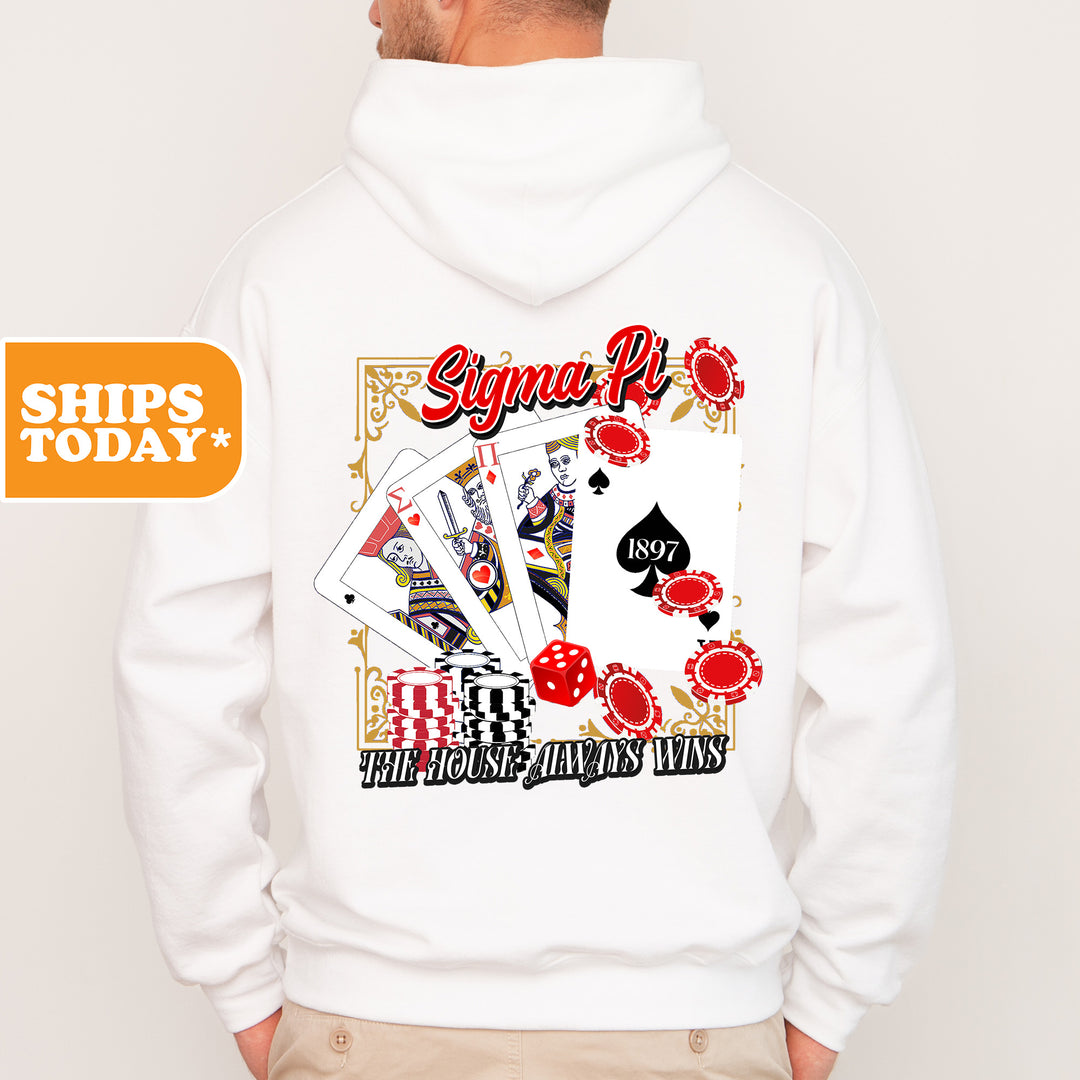 a man wearing a white hoodie with playing cards on it