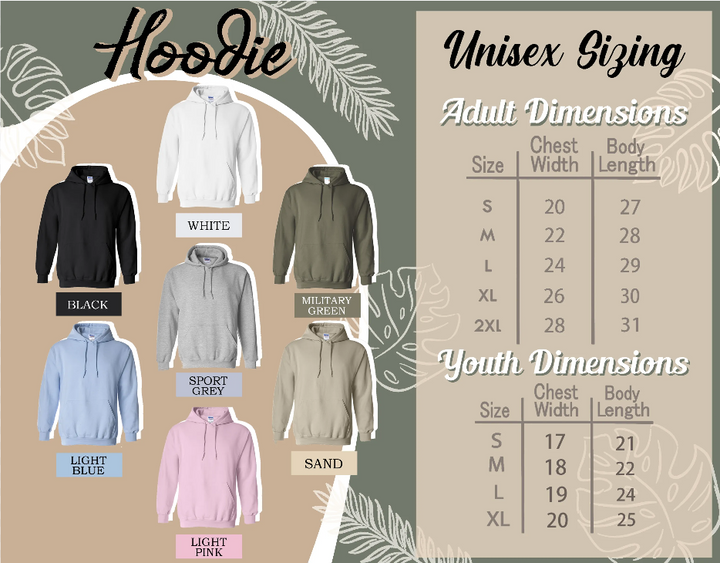 The image is a collage of various hoodie designs, each with different colors and sizes, along with their corresponding adult and youth dimensions.