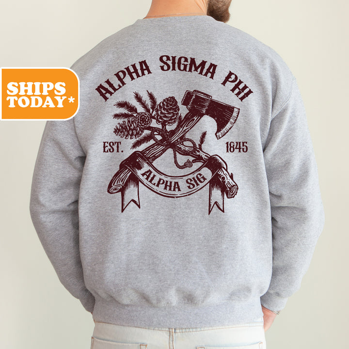 the back of a man wearing a sweatshirt with an image of a hammer and a