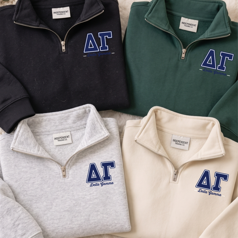 a collection of four different colored sweatshirts, each with a Greek letter "Α" on the front.
