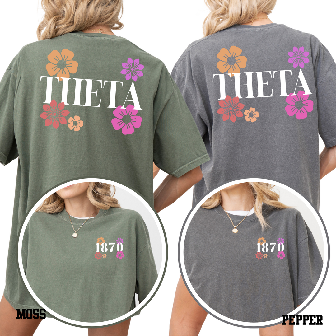 two backpacks with the word "THETA" printed on them. The backpack on the left has a floral design, while the one on the right has a solid color design.