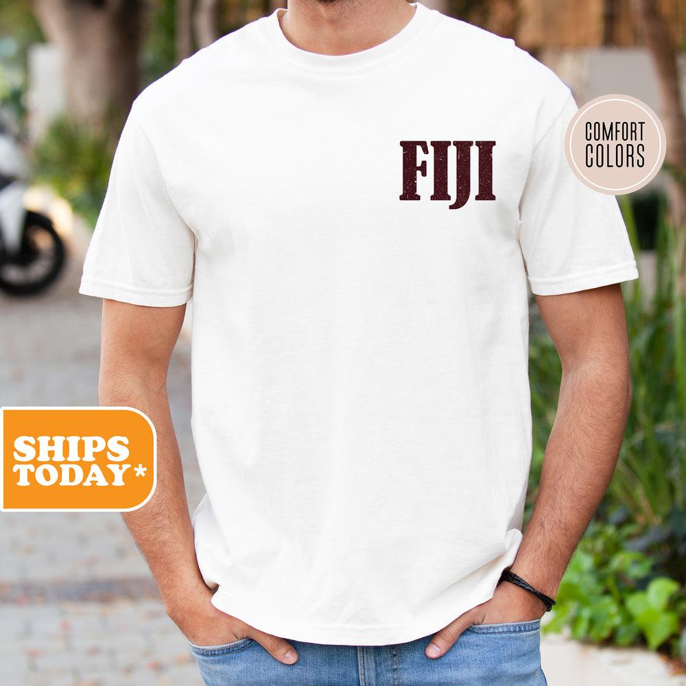 a man wearing a white t - shirt with the word fiji printed on it