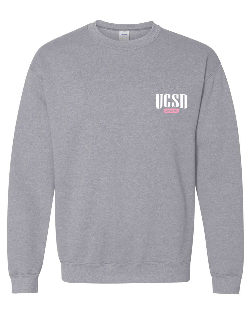 a grey sweatshirt with a white and pink logo on the chest
