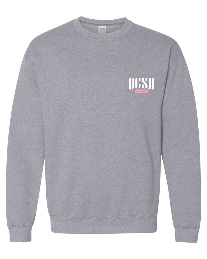 a grey sweatshirt with a white and pink logo on the chest