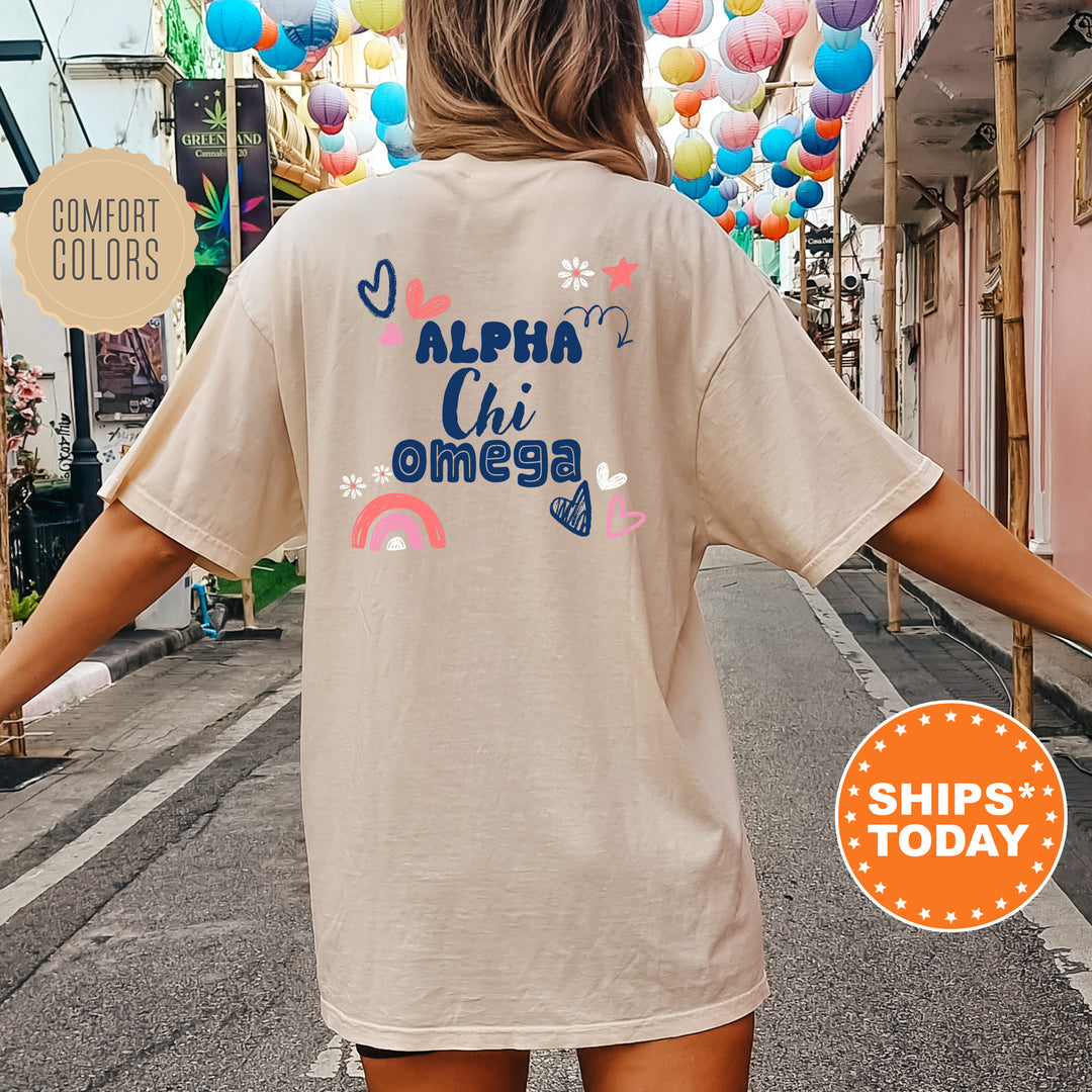 a woman walking down a street with balloons in the background