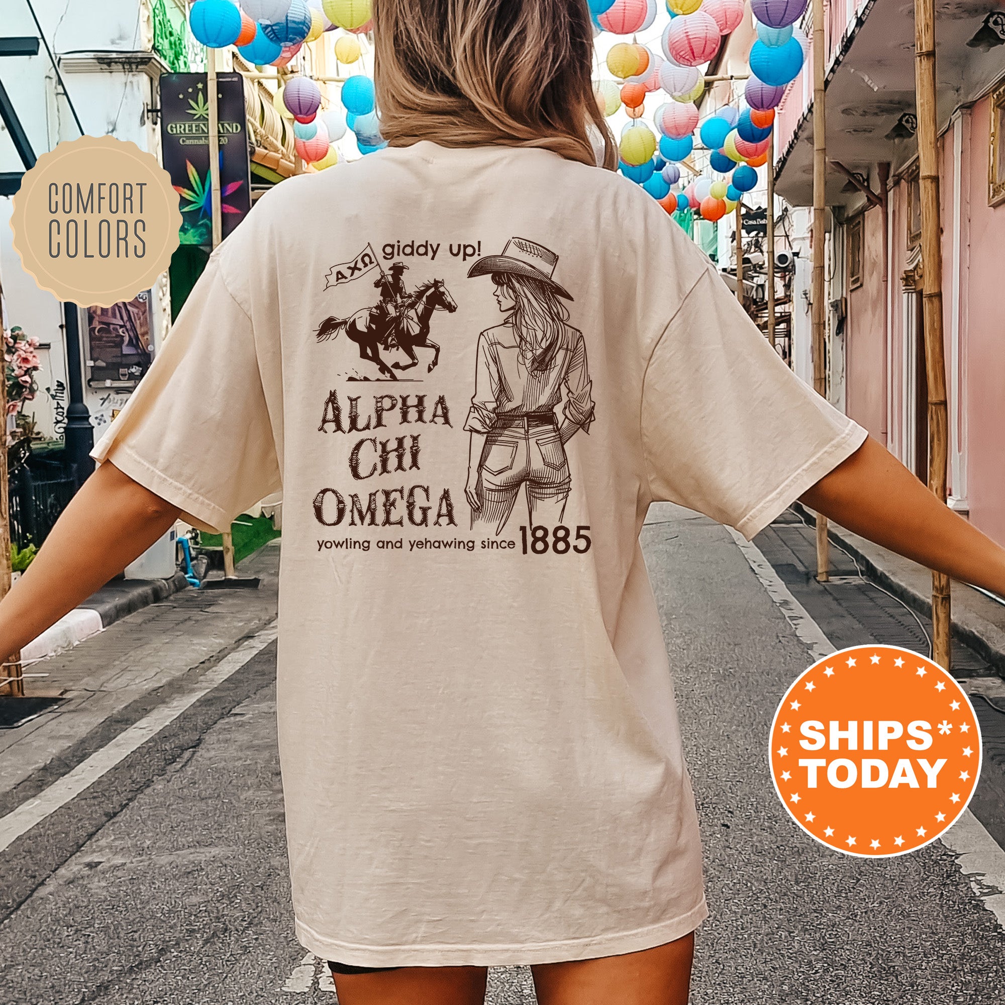 a woman walking down a street with a horse t - shirt on