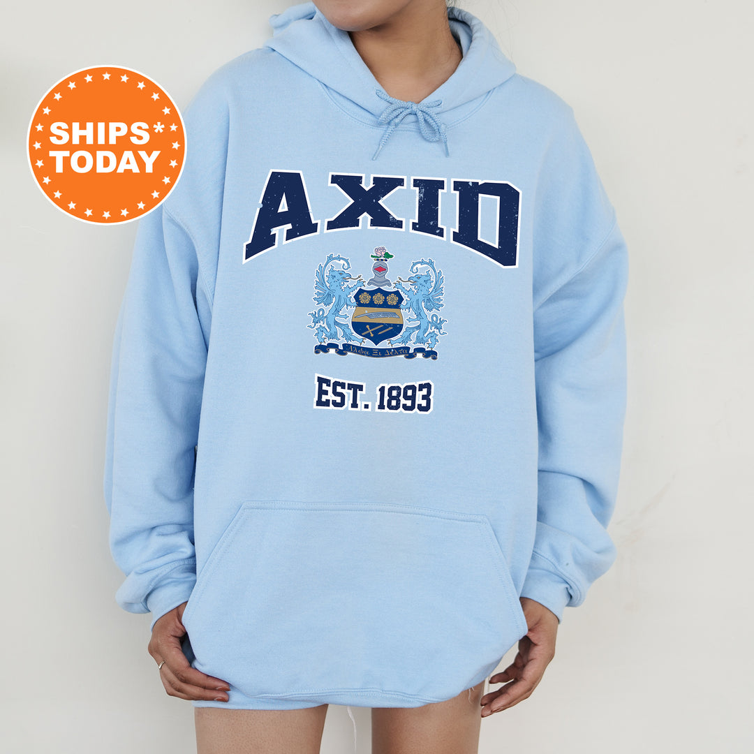 a person wearing a blue hoodie with the words axid on it