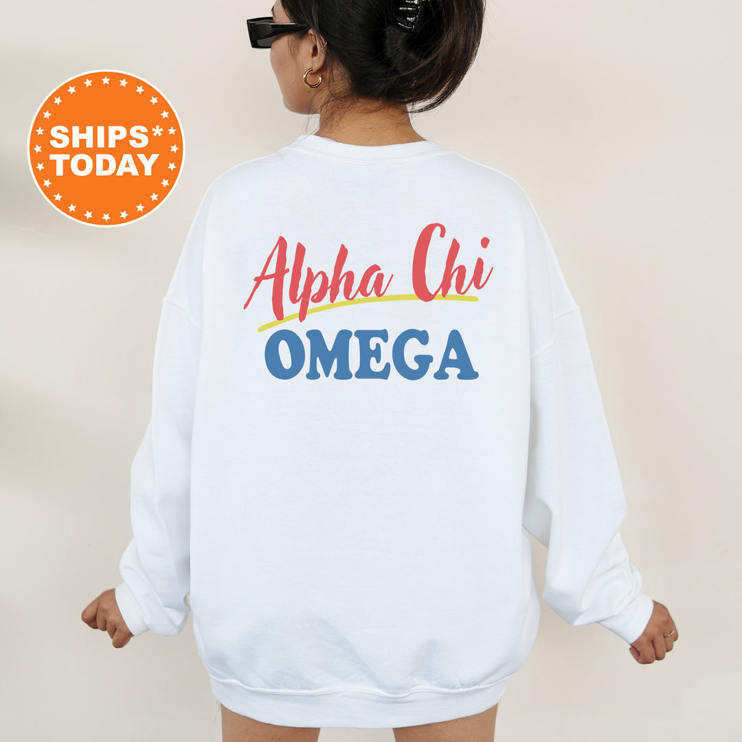 A person wearing a white sweatshirt with the text "Alpha Chi Omega" printed on the back.