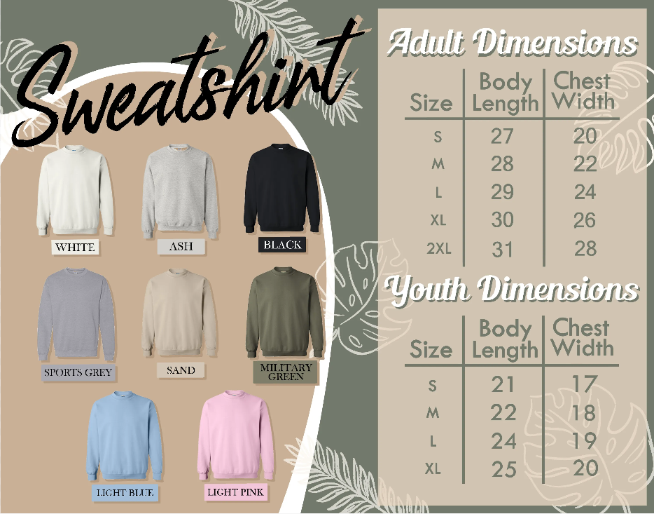 The image is a collage of various sweatshirt designs, including different colors and styles, along with their corresponding adult and youth dimensions.