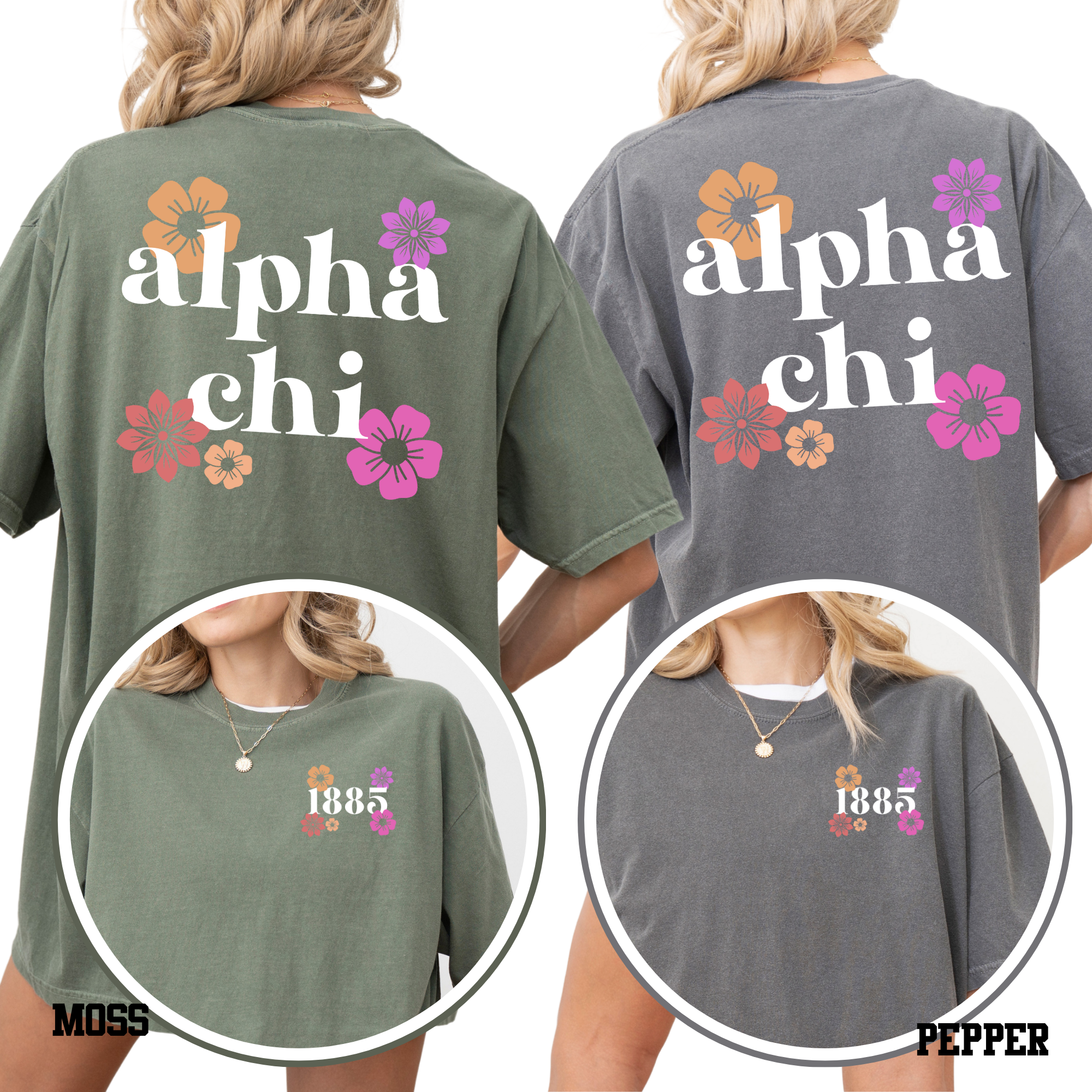 two back views of women wearing t-shirts with floral designs and text.