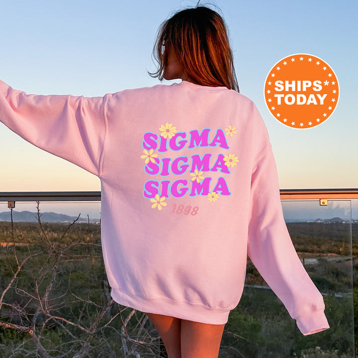 A woman wearing a pink sweatshirt with the text "SIGMA SIGMA SIGMA" printed on it, standing in front of a scenic outdoor landscape.