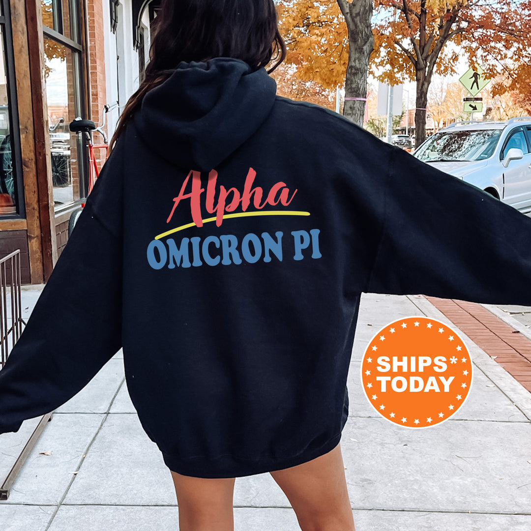 A person wearing a black hoodie with the text "Alpha Omicron Pi" printed on it, standing on a sidewalk with a car and a building in the background.
