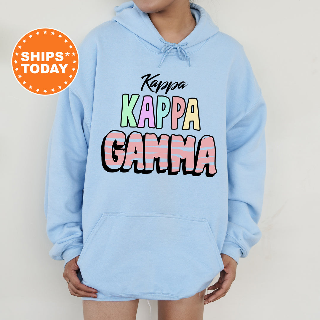 a person wearing a blue hoodie with the words kappa kappa