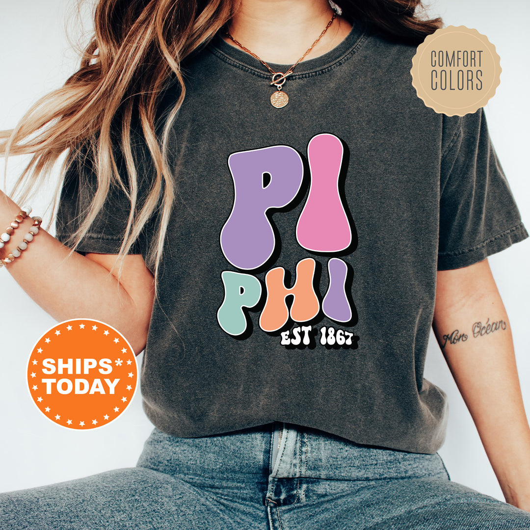 a woman wearing a t - shirt with the word phi phi on it