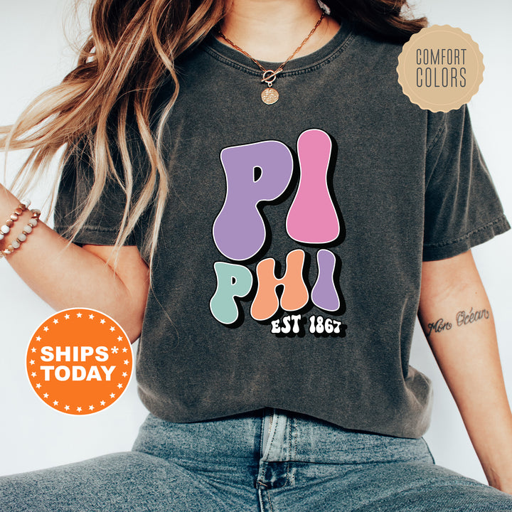 a woman wearing a t - shirt with the word phi phi on it