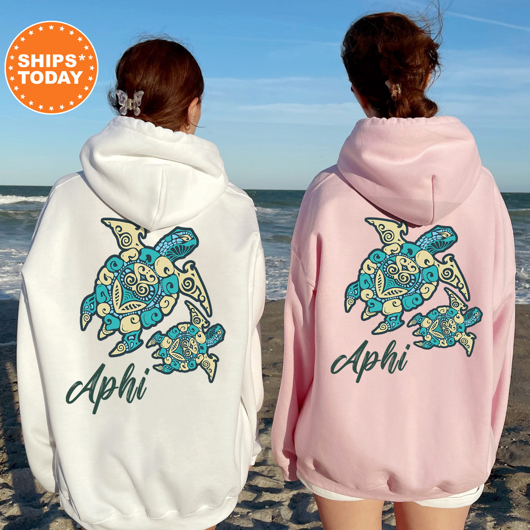 Two women wearing hooded sweatshirts with a turtle design on the back, standing on a beach with the ocean in the background.