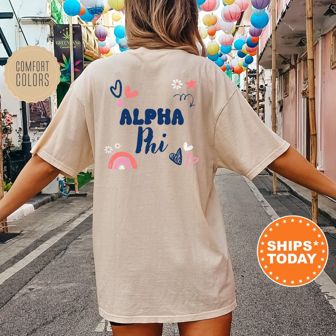 a woman walking down a street with balloons in the background