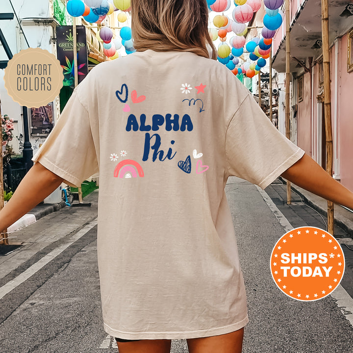 a woman walking down a street with balloons in the background